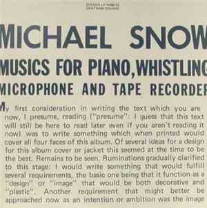 Michael Snow - Musics For Piano, Whistling, Microphone And Tape Recorder